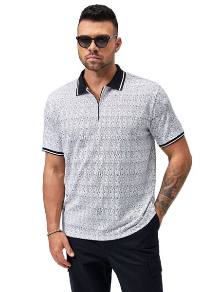 

extended sizes men geo print striped trim polo shirt j1ig#, White;black