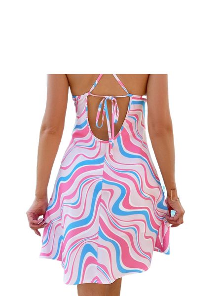 

water ripple print draped crisscross tie backless cami dress y8ux#, Black;gray