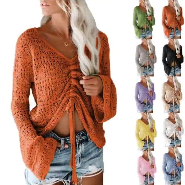 Maglioni da donna Boho con spalle scoperte Maglioni crop trasparenti Top Manica a campana Maglioni pullover con volant all'uncinetto Abiti estivi femminili Abbigliamento lavorato a maglia da spiaggia