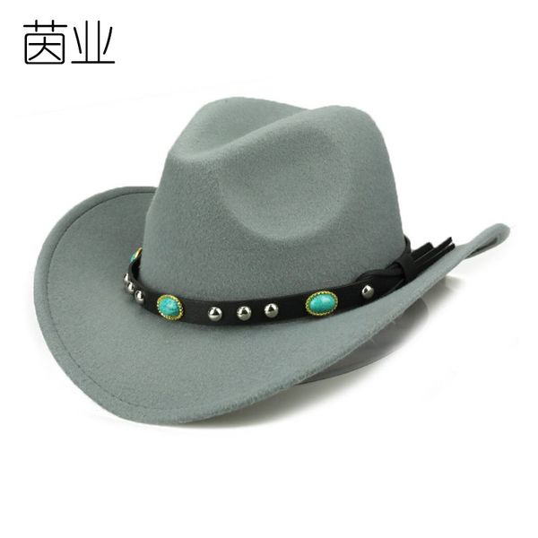 

ethnic style western cowboy hat autumn and winter men and women felt cap rivet roll along jazz hat, Blue;gray