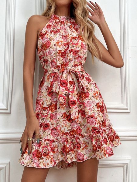 

floral print tied backless belted dress n8d8#, Black;gray