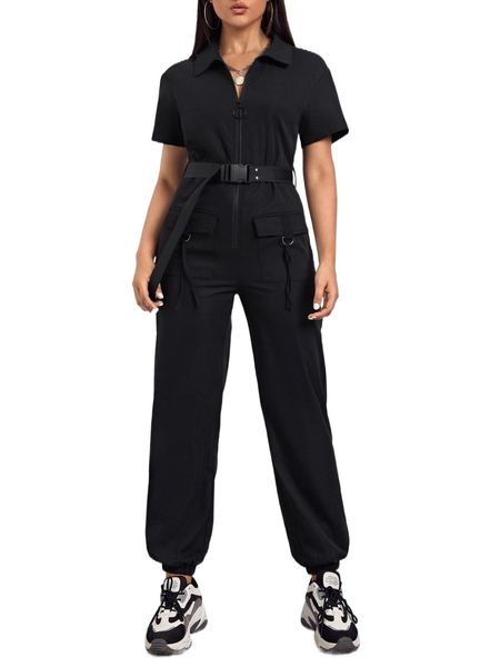 

d-ring flap pocket belted jumpsuit 39mn#, Black;white