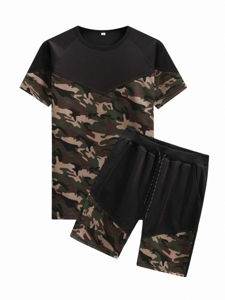 

men camo print raglan sleeve tee & drawstring waist shorts z3ih#, Gray