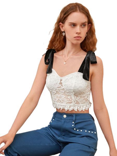 

mod pearls beaded zip back tie shoulder crop lace cami x5fl#, White