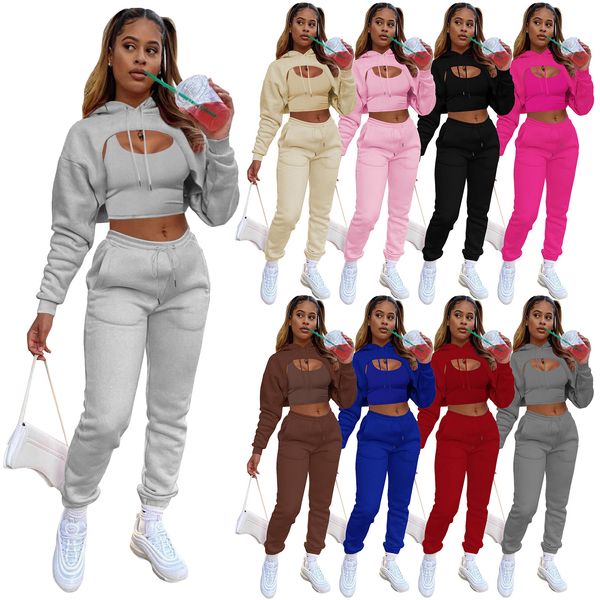 

women's 3 piece pant 3pc drawstring hoodie & tank & pants set women tracksuits lady outfit, White