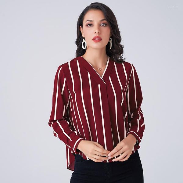 Camicette da donna Camicie 2022 Camicia a righe estiva Vino rosso con scollo a V Parte anteriore sottile Parte posteriore corta Manica lunga Moda Office Lady Top