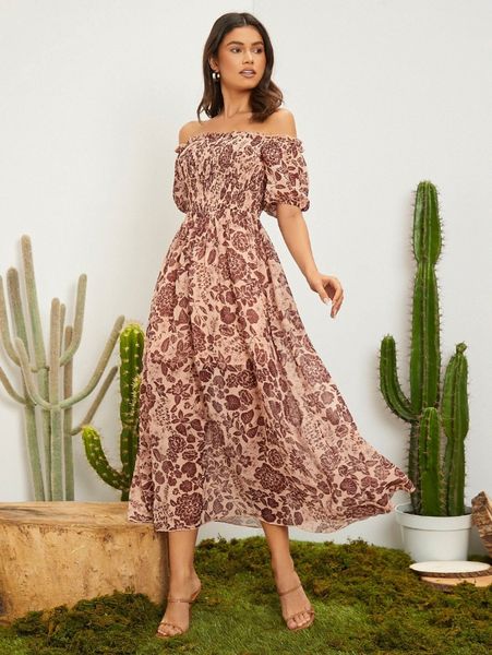 

floral print off shoulder puff sleeve dress v1qk#, Black;gray