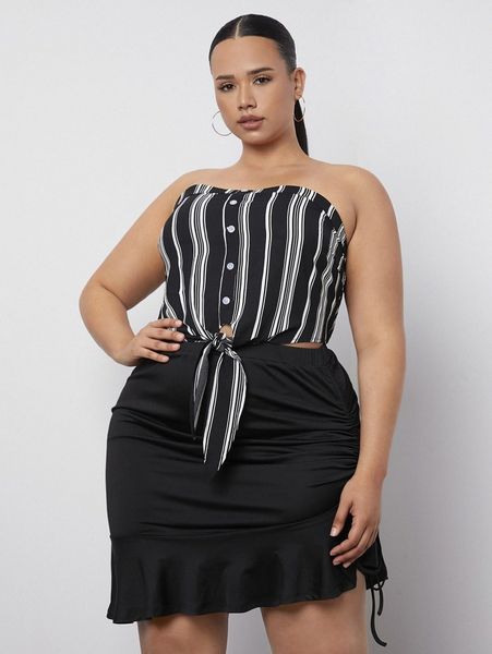 

plus striped shirred back knot front fake button crop tube u55z#, Black