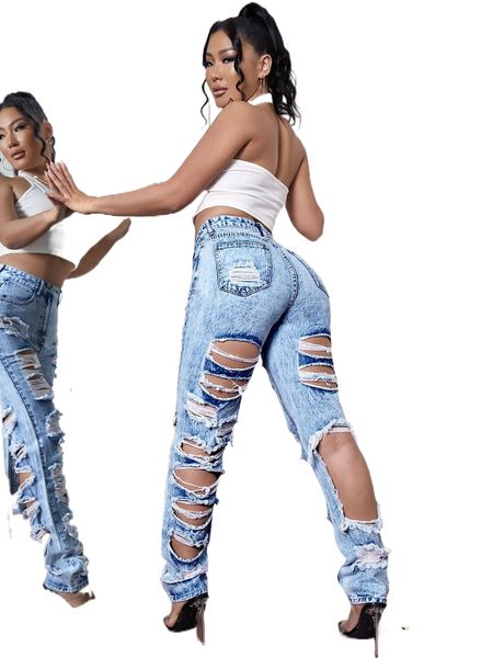 

sxy high waist ripped cut out jeans h9cf#, Blue