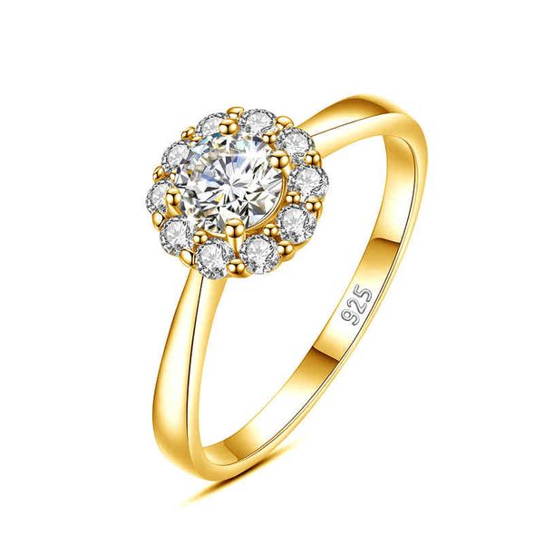

certified woman flower ring with moissanite diamond 05ct 5mm wedding engagement rings pure silver gold plated women's jewelry d, Slivery;golden