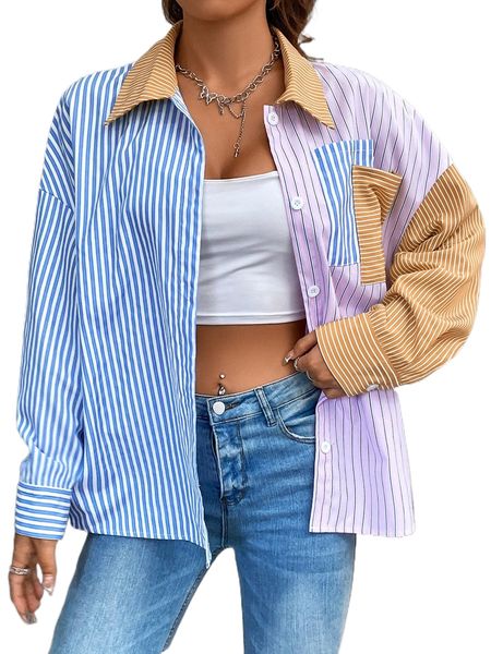 

colorblock striped print drop shoulder shirt w0c9#, White