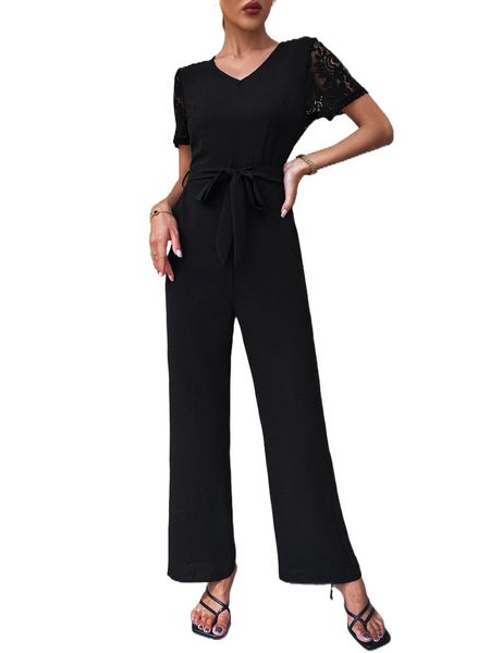 

contrast lace keyhole back belted jumpsuit n07e#, Black;white