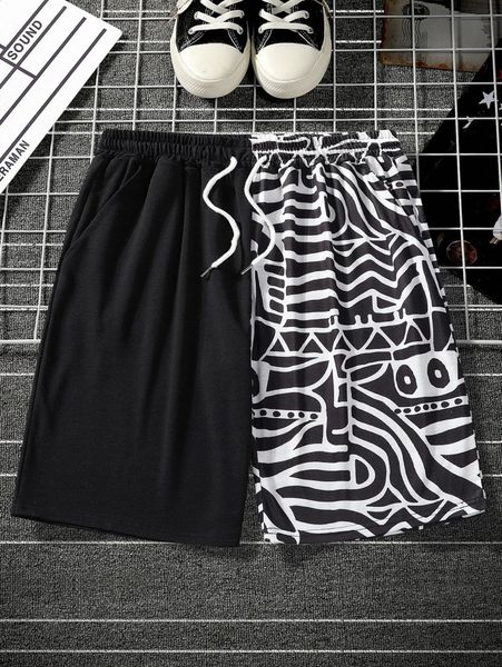 

men graphic print drawstring waist shorts p9ct#, White;black
