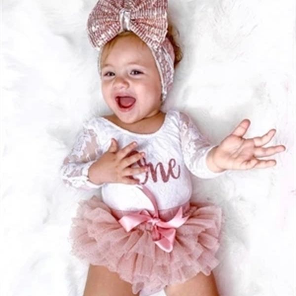 

baby girls my first birthday outfits cute long sleeve floral lace romper tutu skirt headband set 030months 220802, White