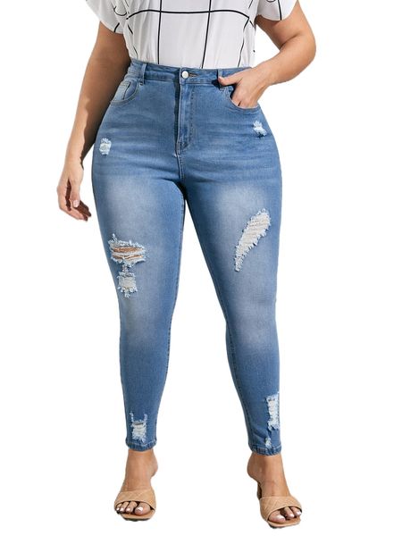 

plus high waist ripped frayed skinny jeans p3em#, Blue