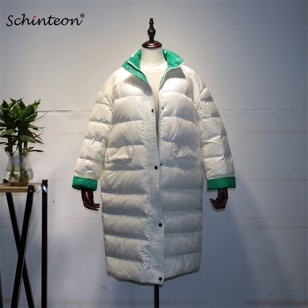 

schinteon korean style down jacket loose winter warm long outwear white duck down coat over size women waterproof 201127, Black