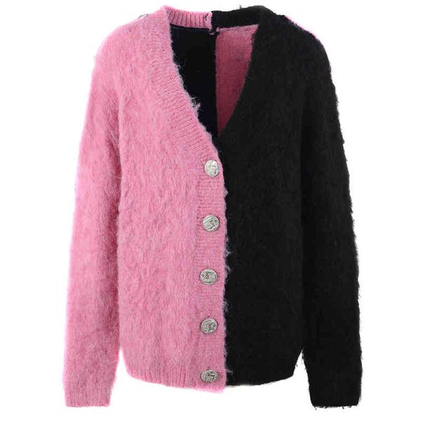 

women's sweaters lazy wind long v-neck mohair cardigan jacket autumn and winter pink color matching knitted sweater ejk3, White;black