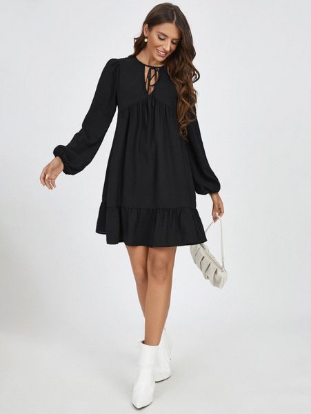 

solid tie neck smock dress r2kj#, Black;gray