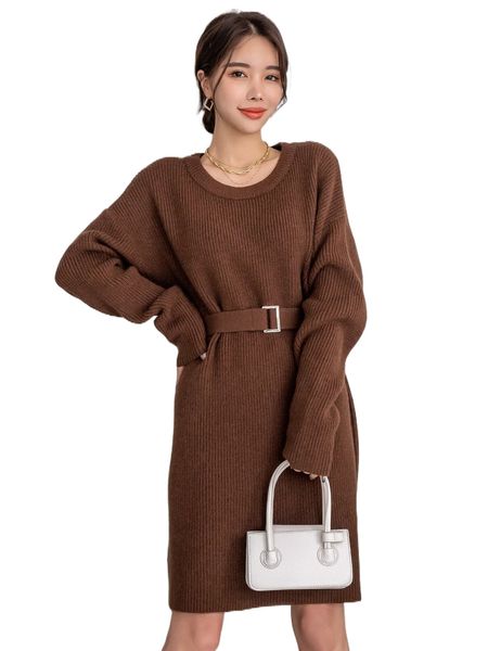 

dazy drop shoulder ribbed knit belted sweater dress x9ji#, White;black