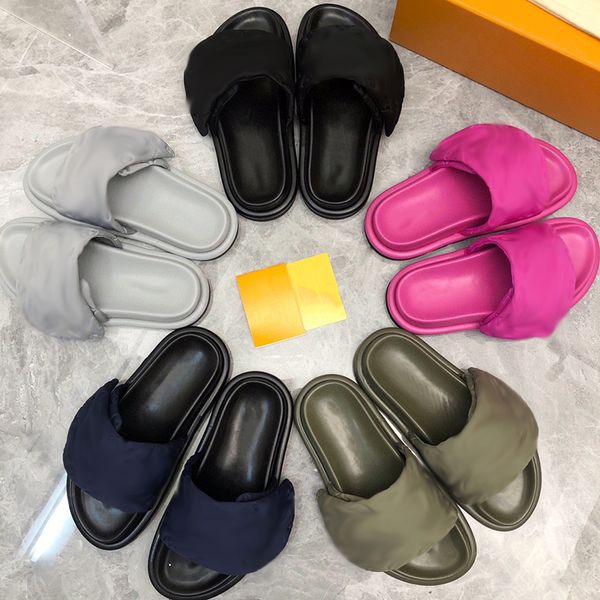 

women pool pillow comfort slipper lady nylon down strap mule anatomic insole designer men leather flat rubber outsole slide sandal 356, Black