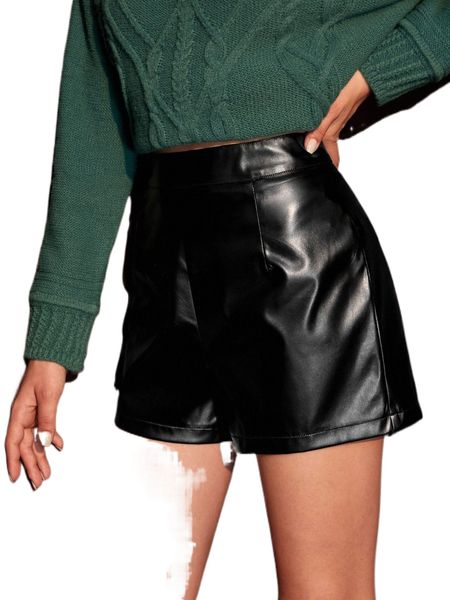 

solid high waist pu leather shorts n3rv#, White;black