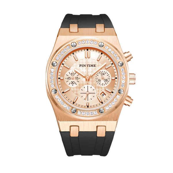 Digner New Fashion Herrenuhr aus Roségold, alle Zifferblätter, Chrono-Stoppuhr, Kautschukarmband, Diamant-Eislünette, Quarz-Armbanduhr