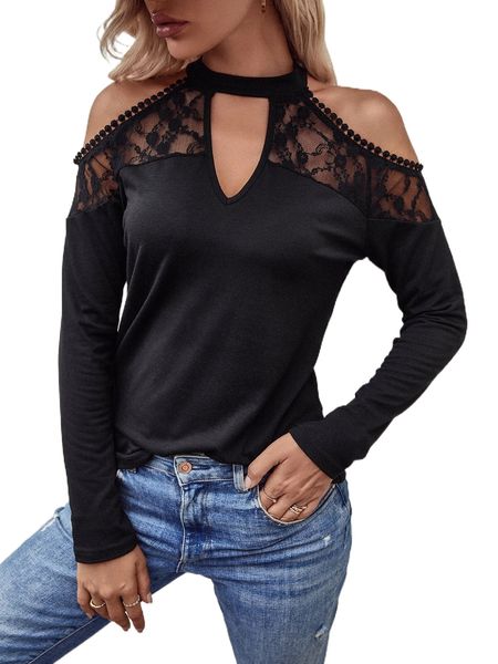 

cold shoulder lace insert tee 38ob#, White