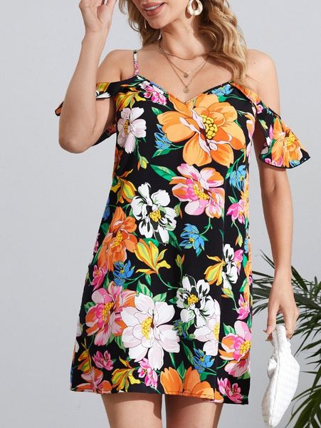 

cold shoulder floral tunic dress z5q1#, Black;gray