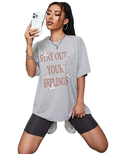 

butterfly and slogan graphic drop shoulder oversized tee j5ub#, White