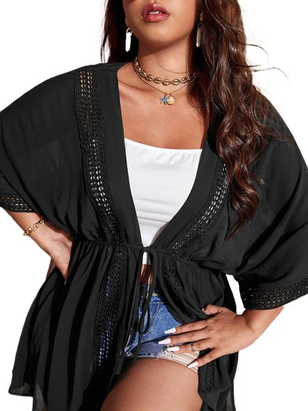 

plus guipure lace panel batwing sleeve split hem kimono z8bx#, Black;gray