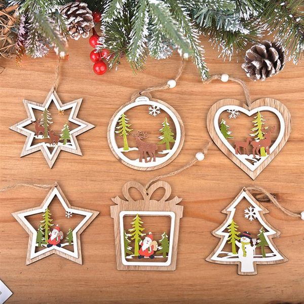 Decorazioni natalizie 1pc Ornamento in legno Ornamento Gift Box Box Ball Forma del cuore Casa Artigianato Provvigioni Pografia PROGRATI