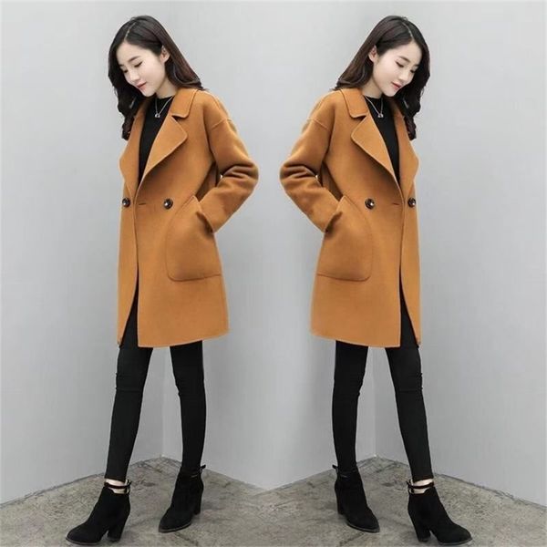 

winter elegant woolen coat women fashion lapel long sleeve black mid long coats basic female overcoat warm oversize outwear 201223