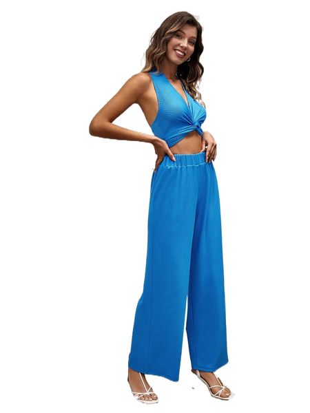 

tie back twist front crop halter & wide leg pants i1ci#, White