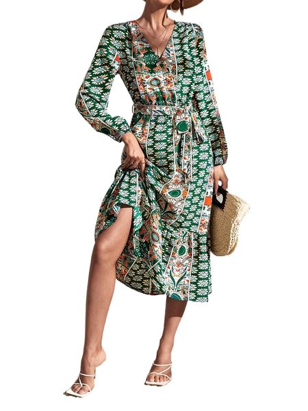 

surplice neck floral print belted dress t2db#, Black;gray