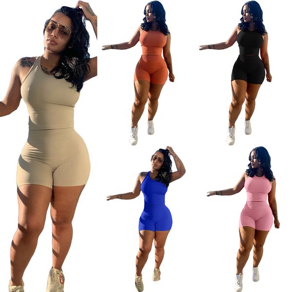 

womens vest yoga shorts set new summer women's tracksuits solid color round neck sports shorts suit fashion 2 piece set, Gray