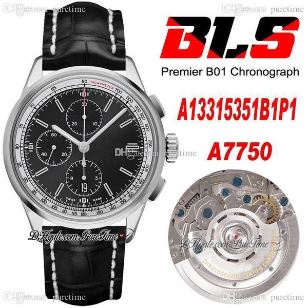 

bls premier 42mm eta a7750 automatic chronograph mens watch a13315351b1p2 steel case white inner black dial stick markers leather strap supe, Slivery;brown