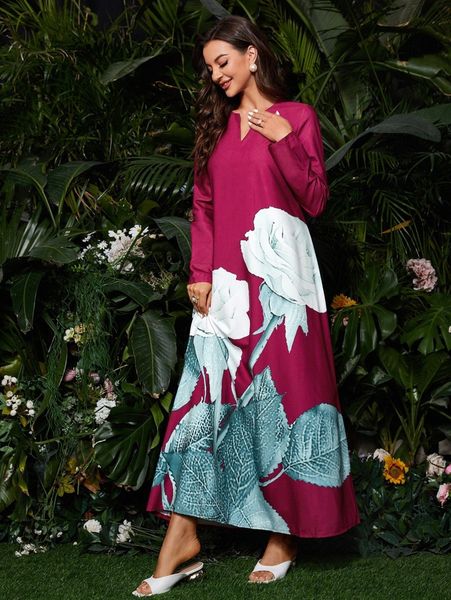 

floral print notched neckline dress without belt z1fl#, Black;gray