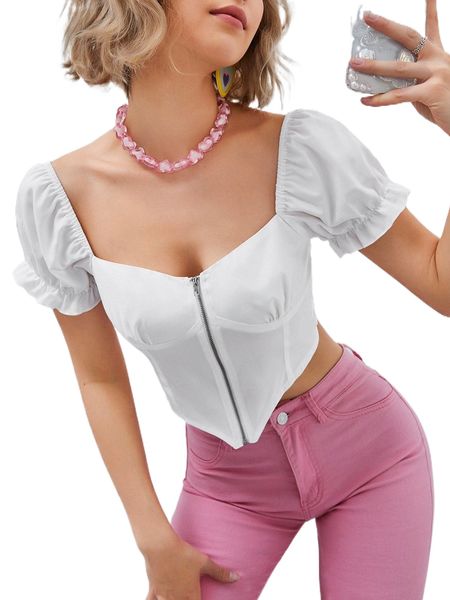 

z.ipper front p.uff s.leeve a.symmetrical hem crop b.louse s96b#, White