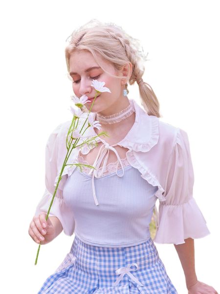 

kawaii frill trim tie front crop n6xu#, White