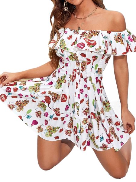 

fruit print off shoulder ruffle trim pleated dress z1eb#, Black;gray