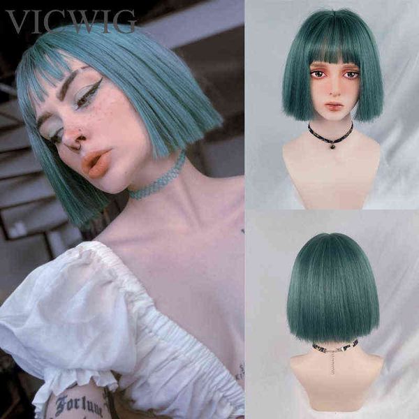 Vicwig Parrucca sintetica corta da donna con frangia Capelli lisci verde chiaro Stile caschetto Resistente al calore Cosplay 220622