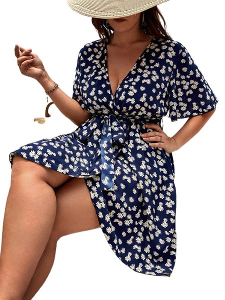 

plus ditsy floral print belted dress b62a#, Black