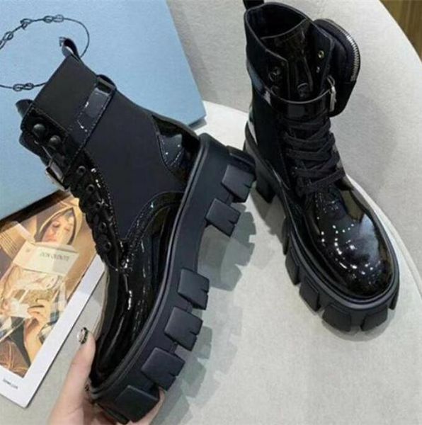 

knight booty shoes woman boots pocket strap with bright personality style chunky lace up monolith ankle autumn round toe combat black white