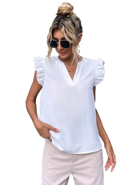 

notched neckline ruffle trim blouse p5xl#, White