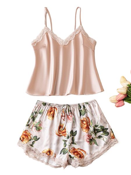 

lace trim satin cami & floral shorts pj set p2tw#, Black;red