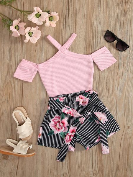 

toddler girls cold shoulder tee & striped & floral print belted shorts she01, White