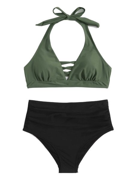 

color block halter high waisted bikini swimsuit t29v#, White;black