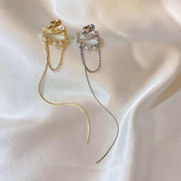 

clip-on & screw back 1pcs multi-layer geometric clip earrings shiny zircon ear bone earring metal pearl long chain tassel jewelry, Silver