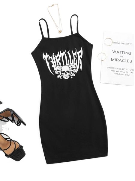 

letter & skull print cami dress i0hh#, Black;gray