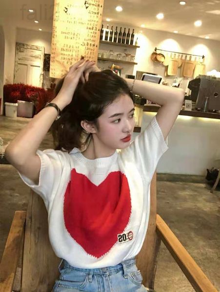 

women's sweaters designer 2022 spring new white love short sleeve round neck sweater women's loose and lazy wind with net red bott, White;black